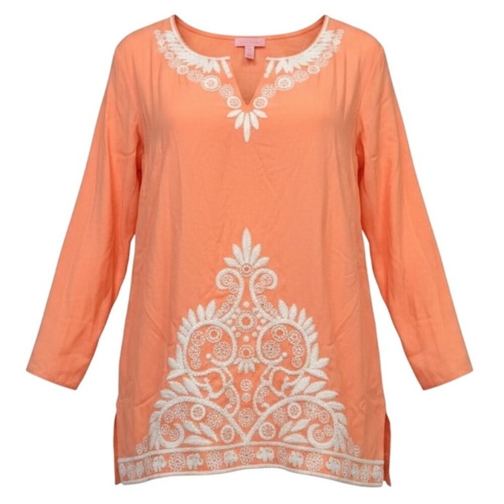 Lilly Pulitzer Charlotte Tunic Top Womens M Coral Orange Embroidered Elephant